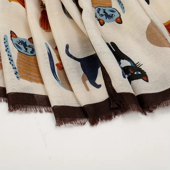 Cat Print Jumbo Shawl Scarf with Brown Trim New Boutique - Picture 5 of 6